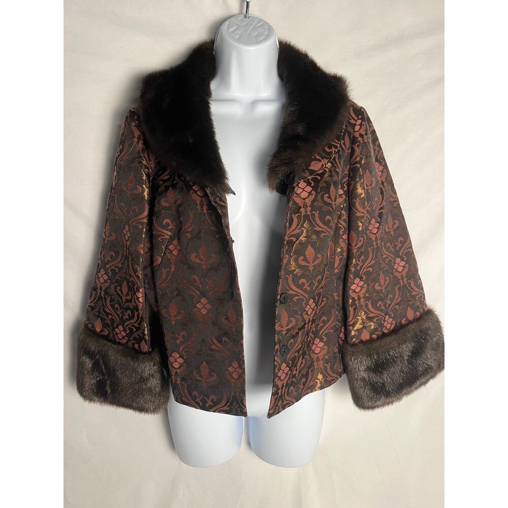 Nine West Brocade Jacket Faux Fur Trim Women’s 6 Cropped Statement Coat